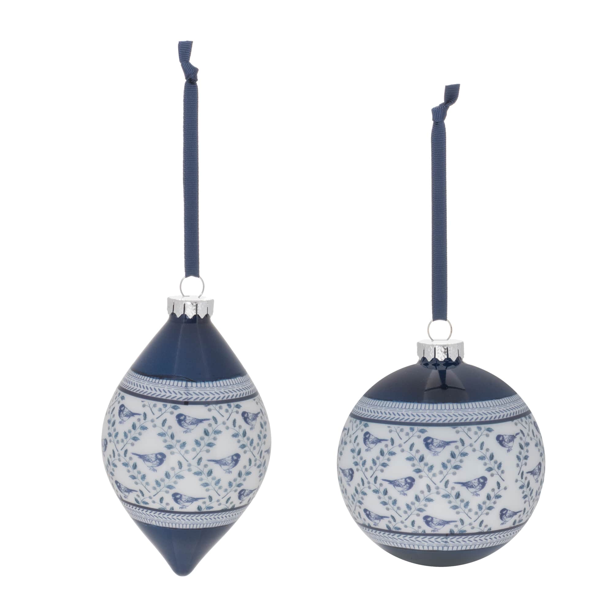 White & Blue Glass Bird & Floral Print Christmas Ornaments Set